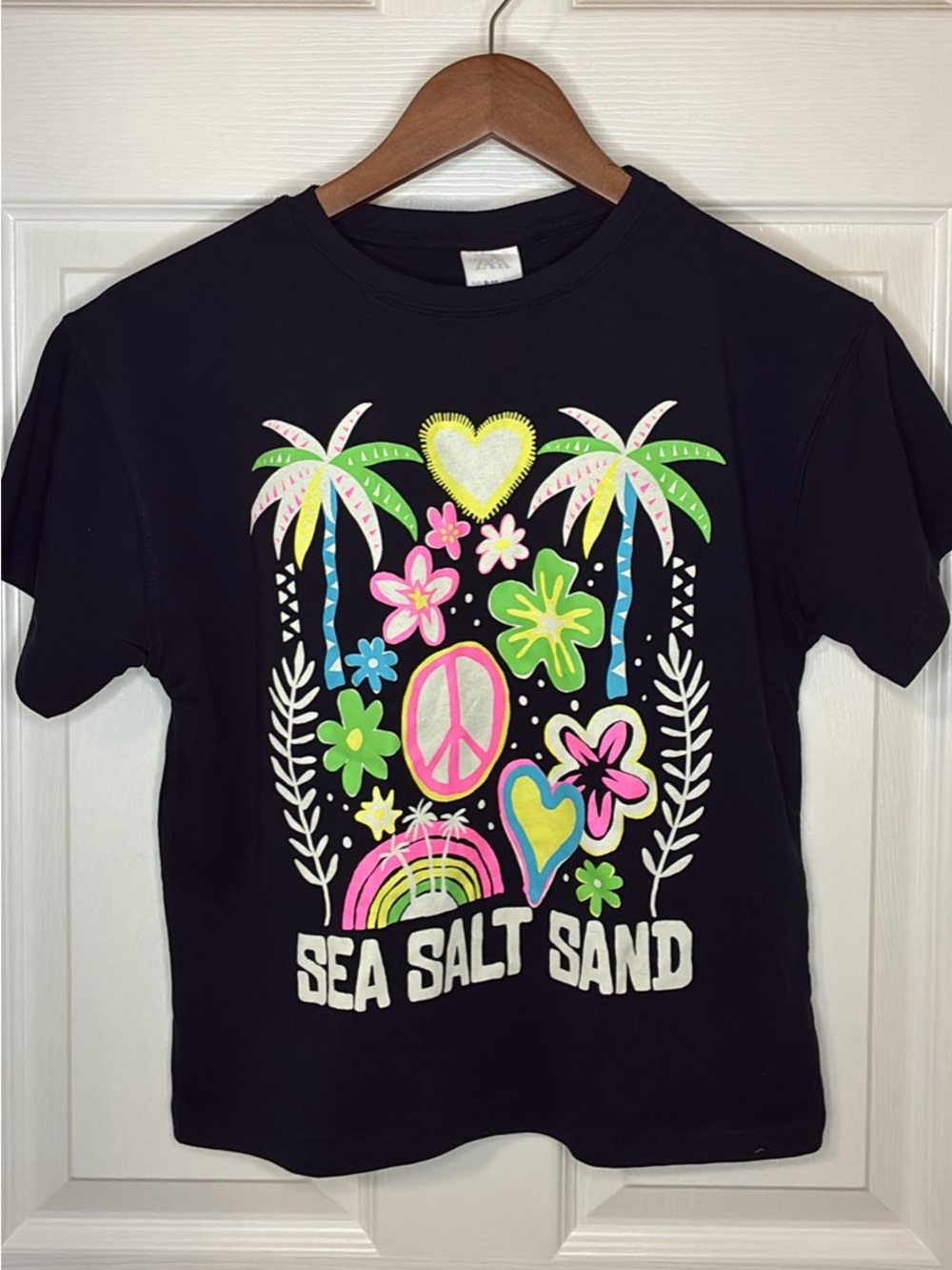Zara Black Tee with Neon Beach Motif